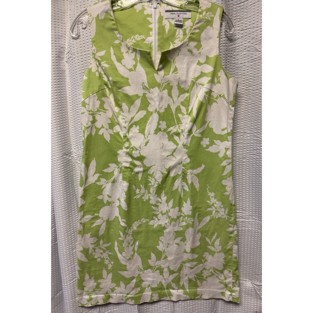 Real Clothes Women's Lime Green White Floral Shift Dress Cotton Spandex SZ 8